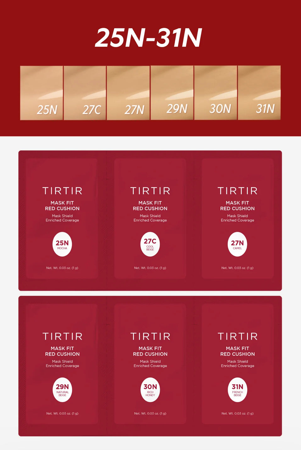 TIRTIR - MASK FIT RED CUSHION TRIAL SET - 1g each (6 shades)