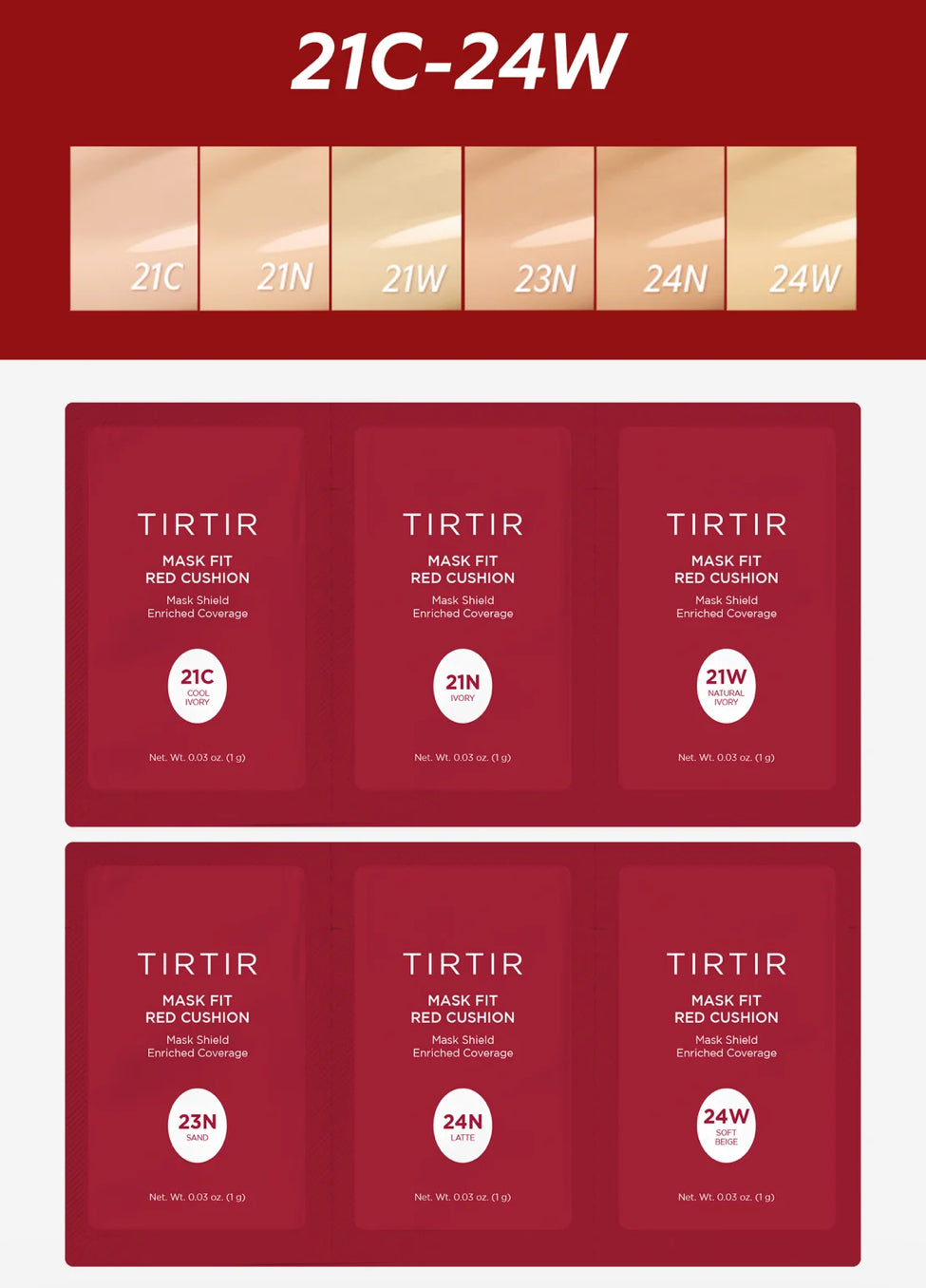 TIRTIR - MASK FIT RED CUSHION TRIAL SET - 1g each (6 shades)